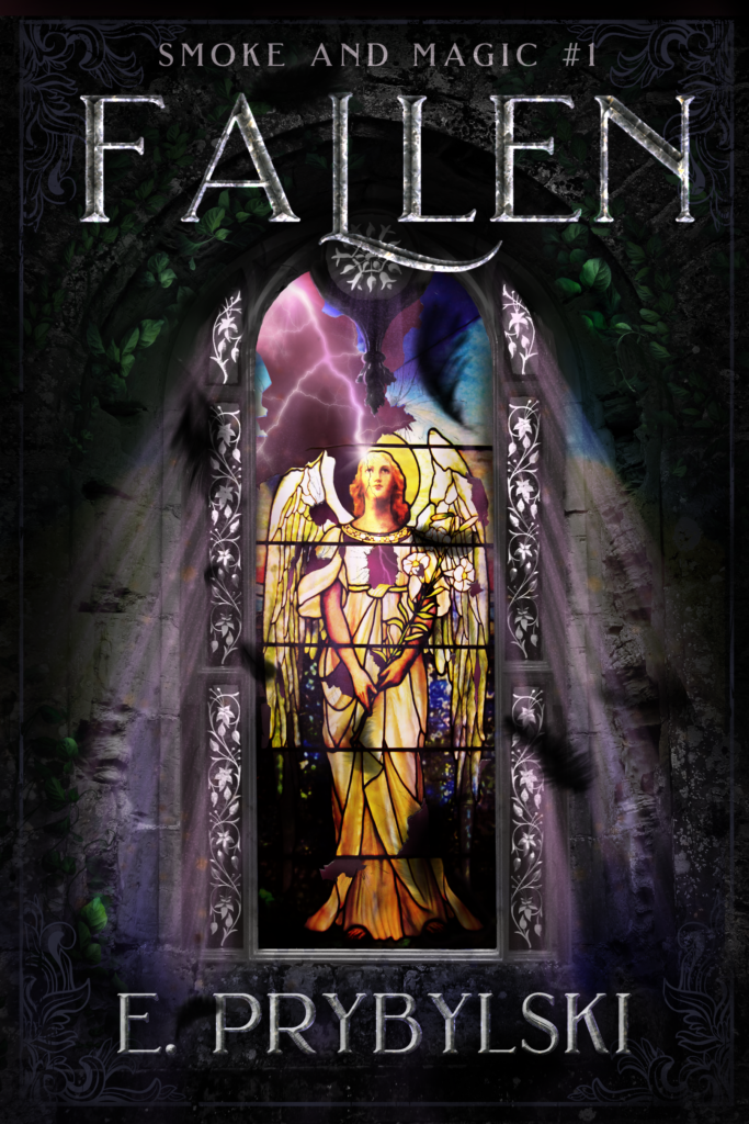 Image of the cover of "Fallen." Features a stained glass window of an angel being struck by lightning.