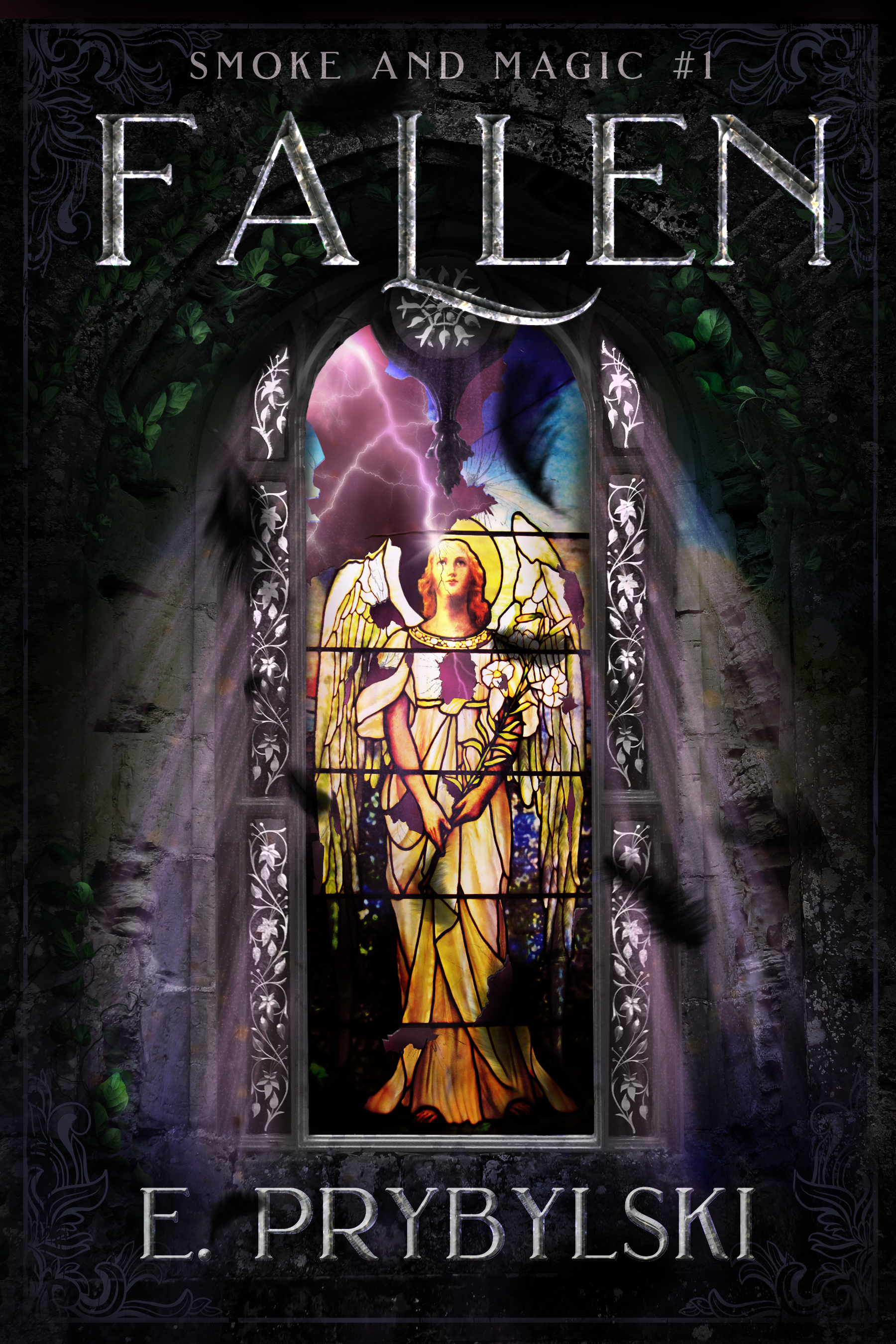 Cover of the book "Fallen" by E. Prybylski. Features a broken stained glass window of an angel.