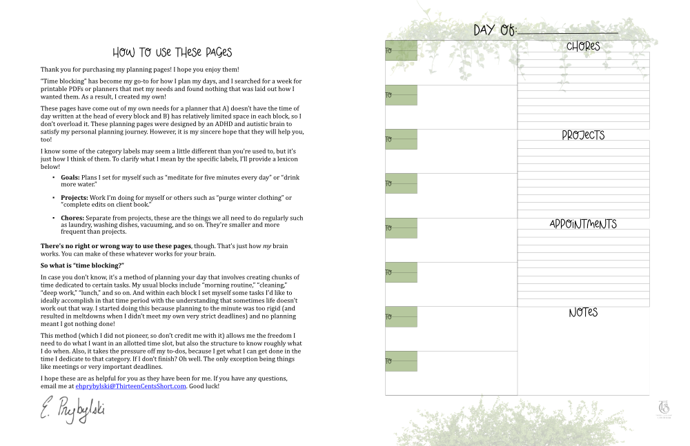 Preview of personal planner pages.