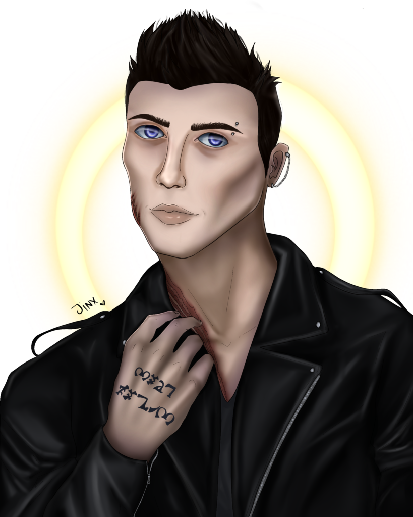 a drawing of a non-vinary person with intense blue eyes wearing a leather jacket