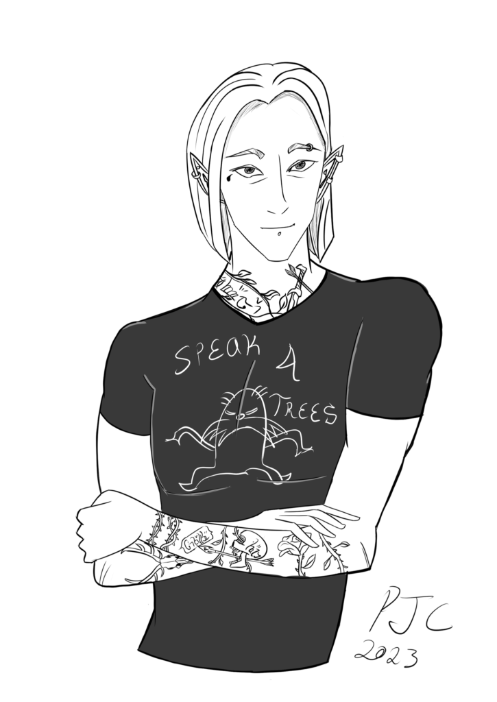a drawing of an elf man with tattoos and a t-shirt that says "speak 4 trees"