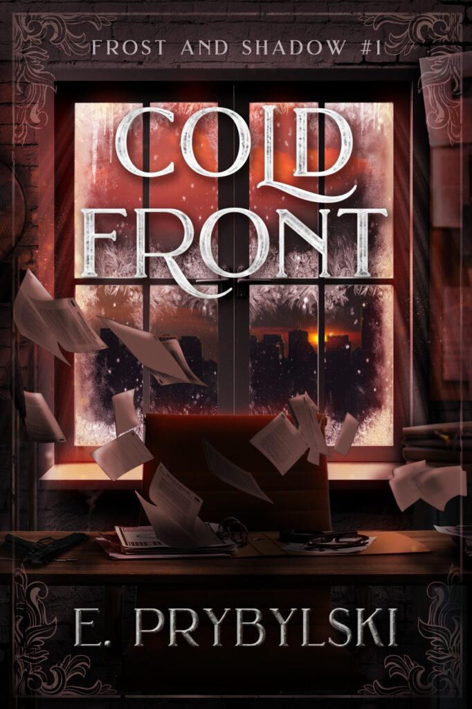 Papers blow in front of a window with a red glow covered in frost. "Cold Front" by E. Prybylski